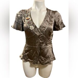 Nanette Lepore Silk Brown Beaded Floral Embellished Blouse 2